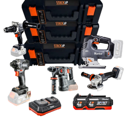 סט פטישון, אימפקט, משחזת זווית, מסור אנכי ומברגה עם 2 סוללות ומטען